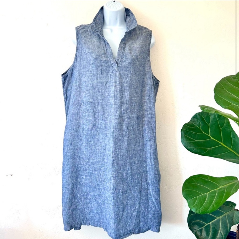 TAHARI 100% Linen Split Collar Knee Length Lagenlook Sheath Dress Blue Size 1X